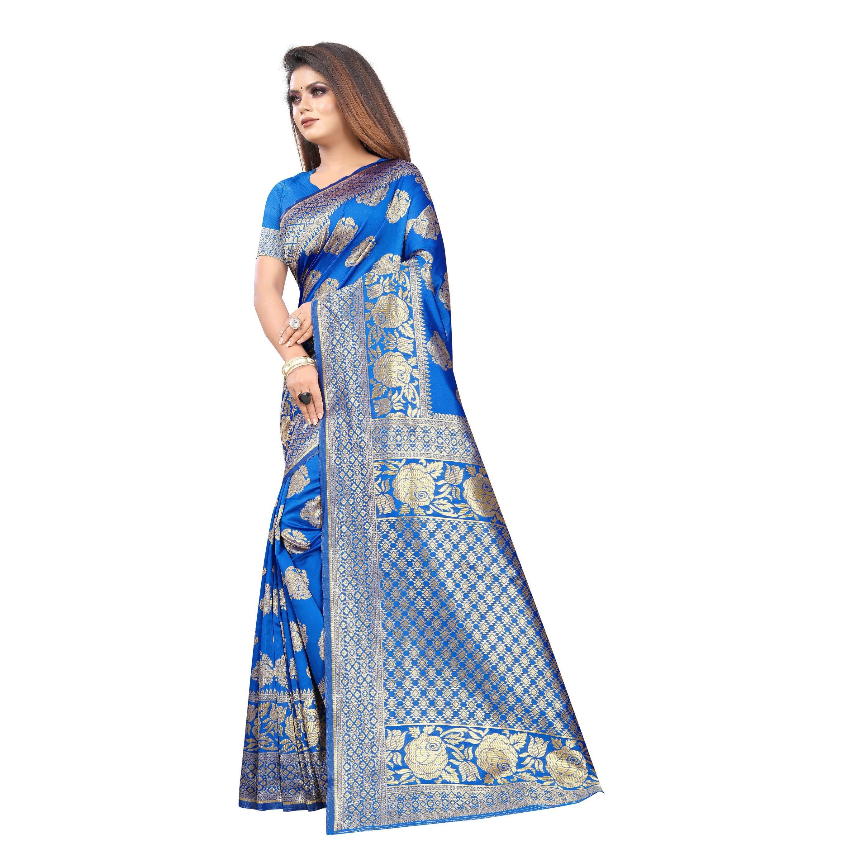 Breathtaking Blue Colored Festive Wear Woven Lichi Silk Saree - Peachmode
