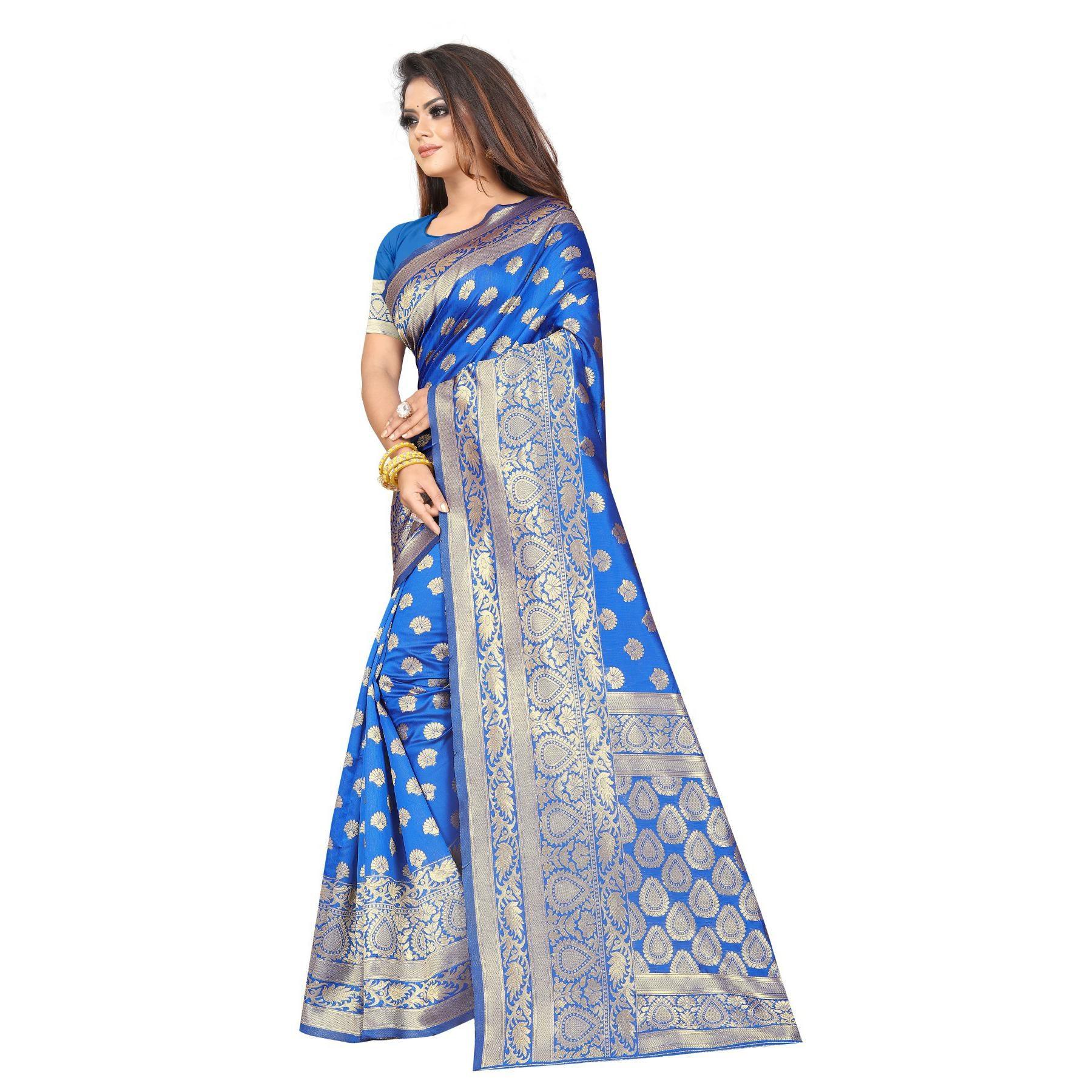 Breathtaking Blue Colored Festive Wear Woven Lichi Silk Saree - Peachmode