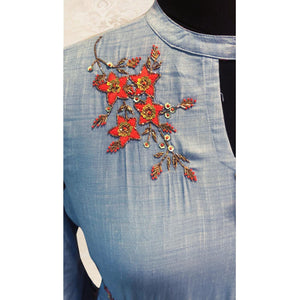 Breathtaking Bluish Grey Colored Partywear Floral Handwork Cotton Long Kurti - Peachmode