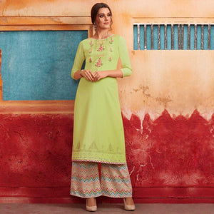 Breathtaking Bright Green Colored Partywear Embroidered Pure Muslin-Silk Kurti-Palazzo Set - Peachmode