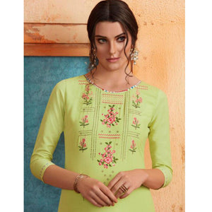 Breathtaking Bright Green Colored Partywear Embroidered Pure Muslin-Silk Kurti-Palazzo Set - Peachmode