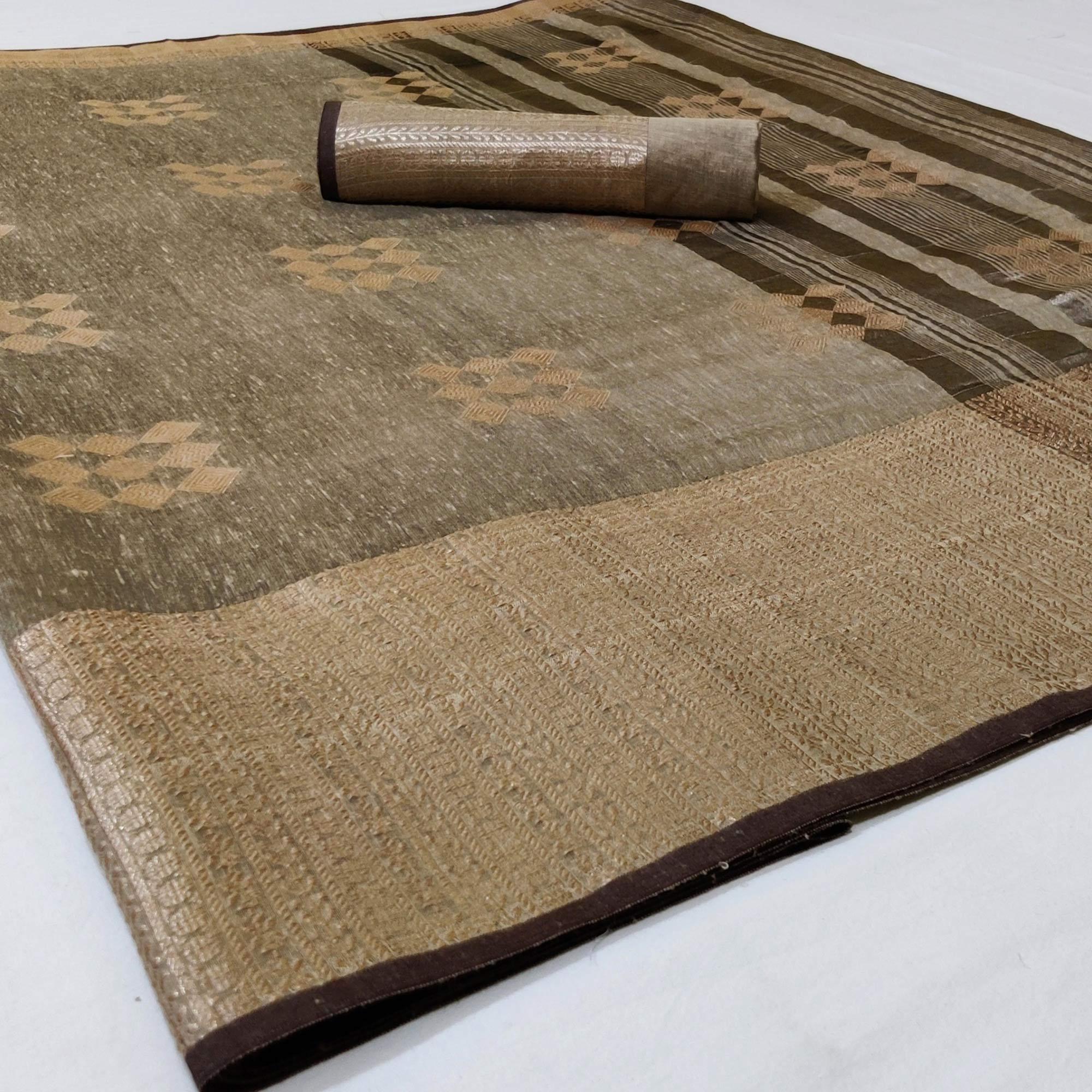 Breathtaking Dark Beige Colored Festive Wear Woven Linen Saree - Peachmode