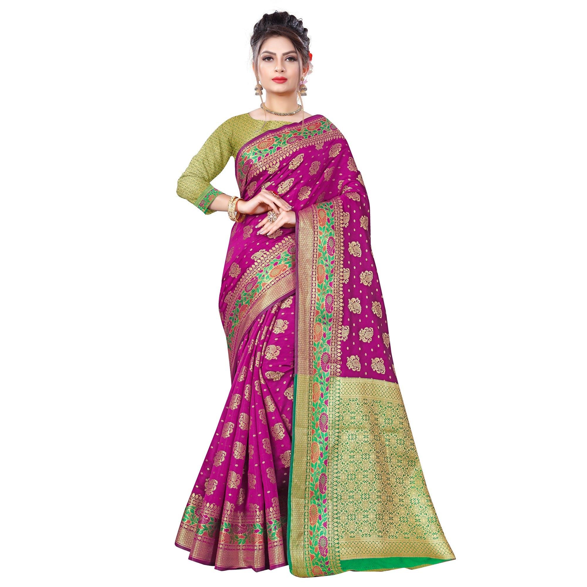 Breathtaking Dark Pink Colored Festive Wear Woven Banarasi Silk Saree - Peachmode