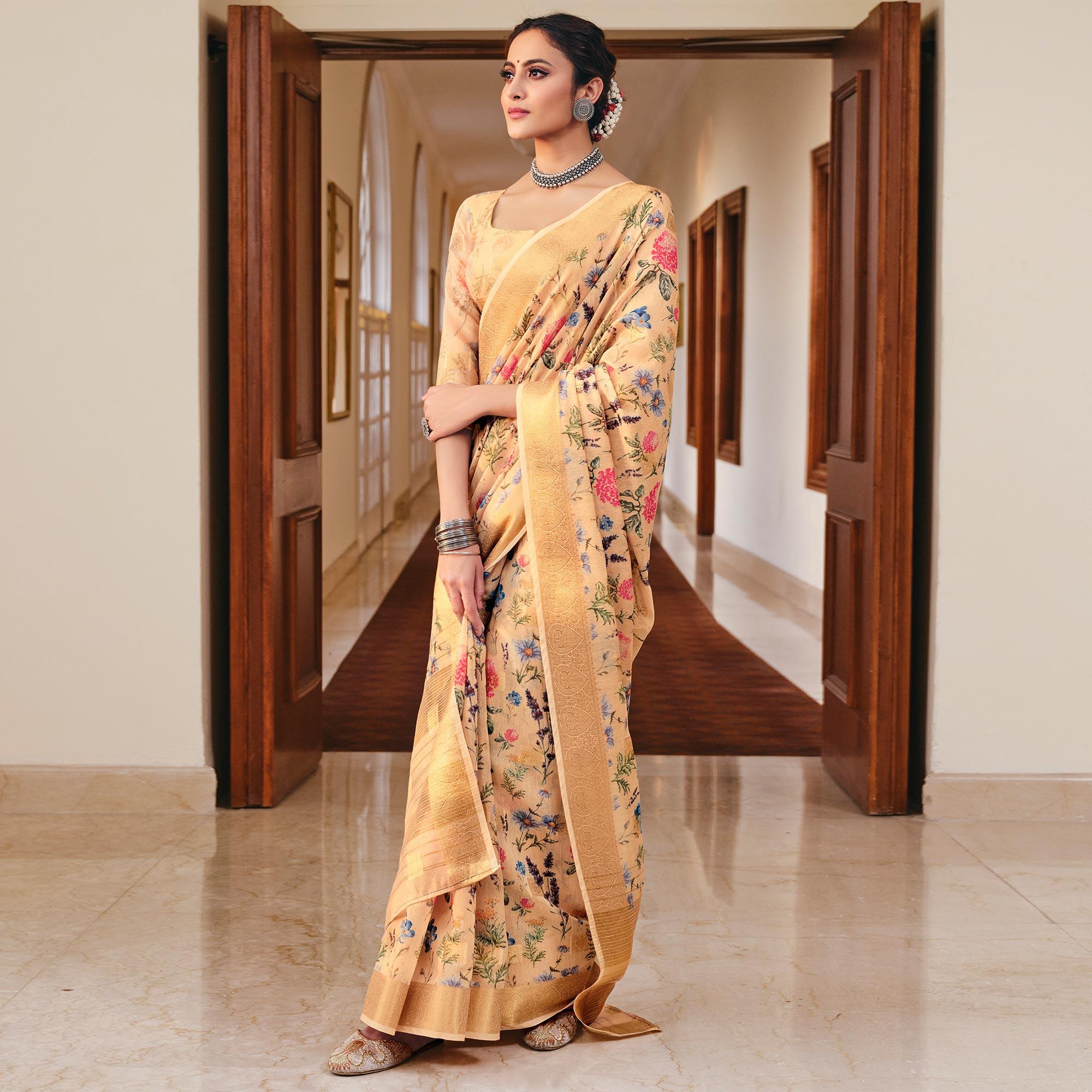Breathtaking Golden-Yellow Colored Party Wear Digital Printed Linen Saree - Peachmode