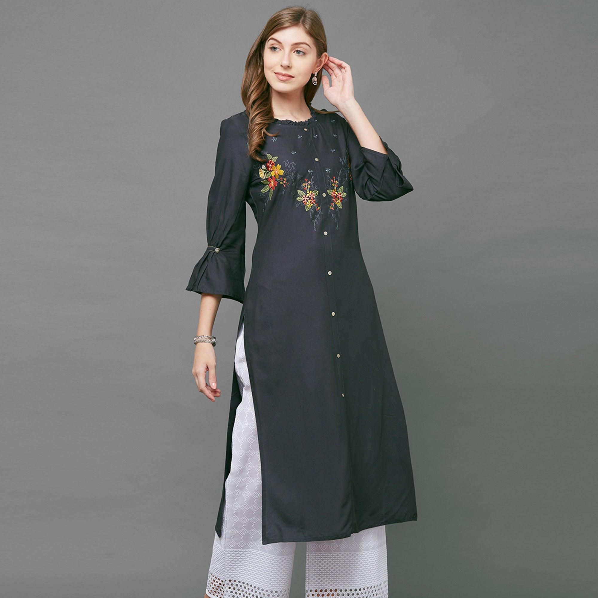 Breathtaking Gray Colored Casual Embroidered Cotton Kurti - Peachmode