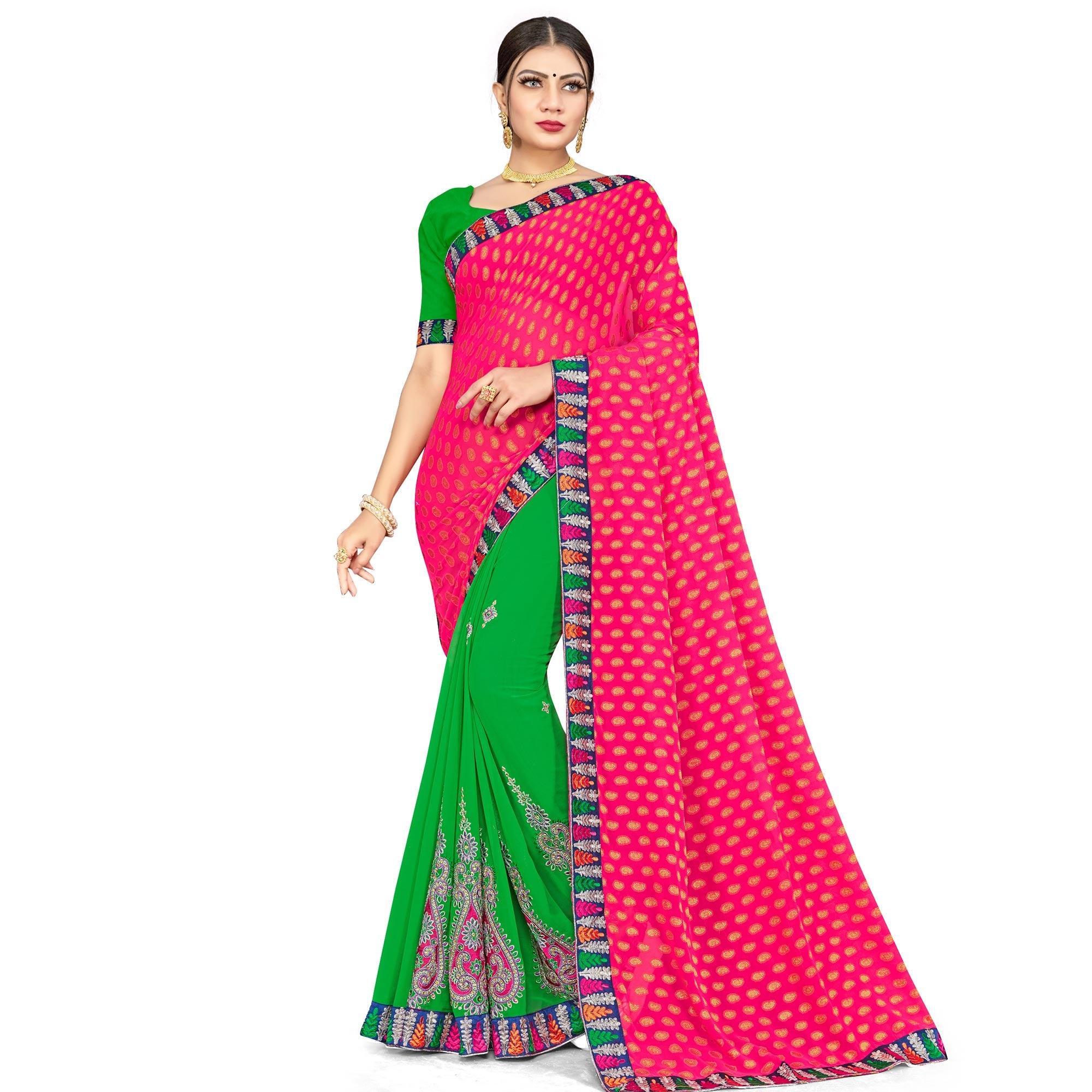 Breathtaking Green-Pink Colored Party Wear Embroidered Georgette Half-Half Saree - Peachmode