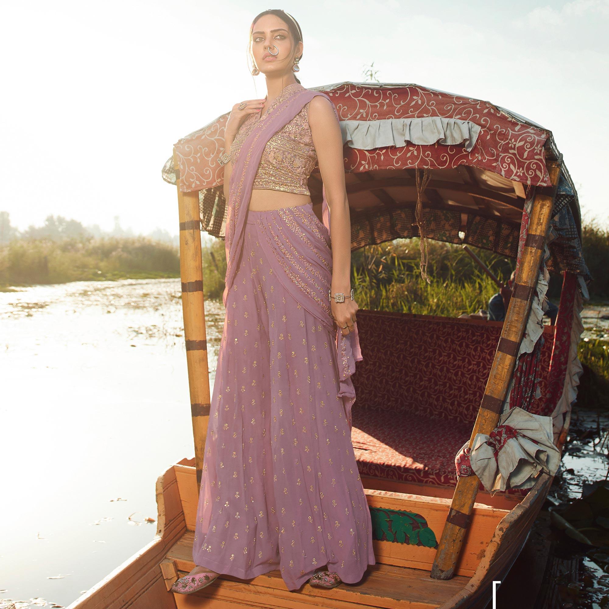 Breathtaking Lavender Colored Embroidered Partywear Heavy Georgette Suit - Peachmode
