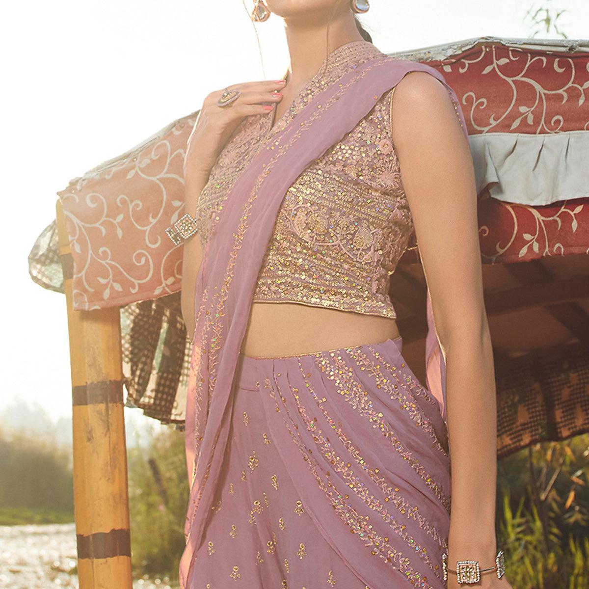 Breathtaking Lavender Colored Embroidered Partywear Heavy Georgette Suit - Peachmode