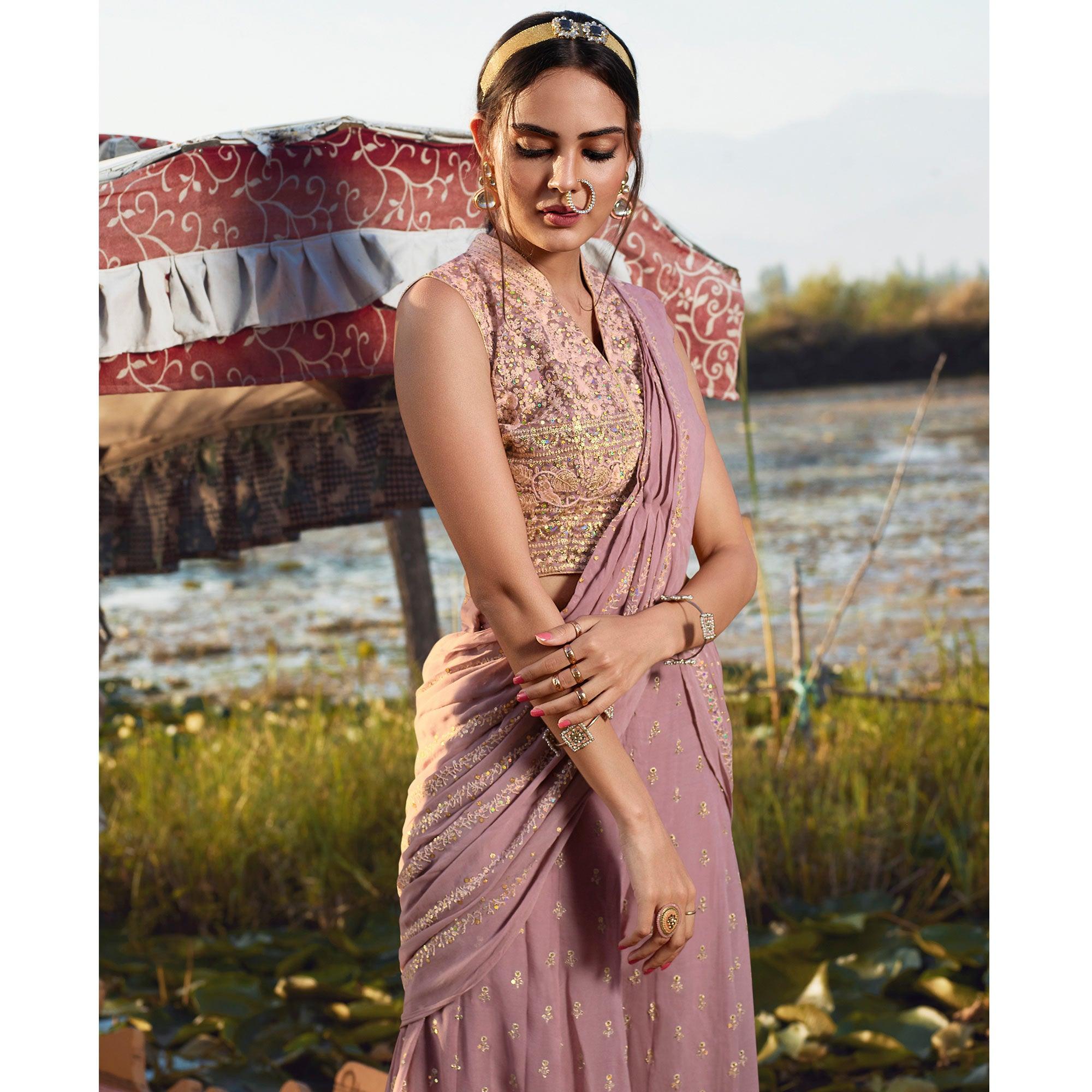 Breathtaking Lavender Colored Embroidered Partywear Heavy Georgette Suit - Peachmode