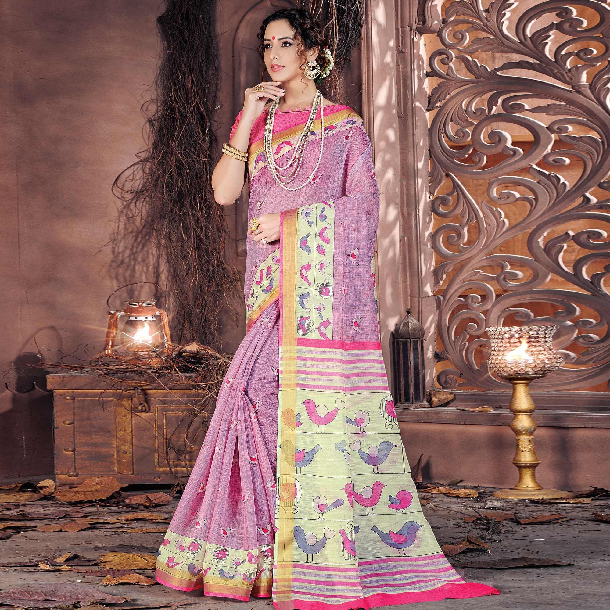 Breathtaking Light Pink Colored Casual Wear Printed Cotton Saree - Peachmode
