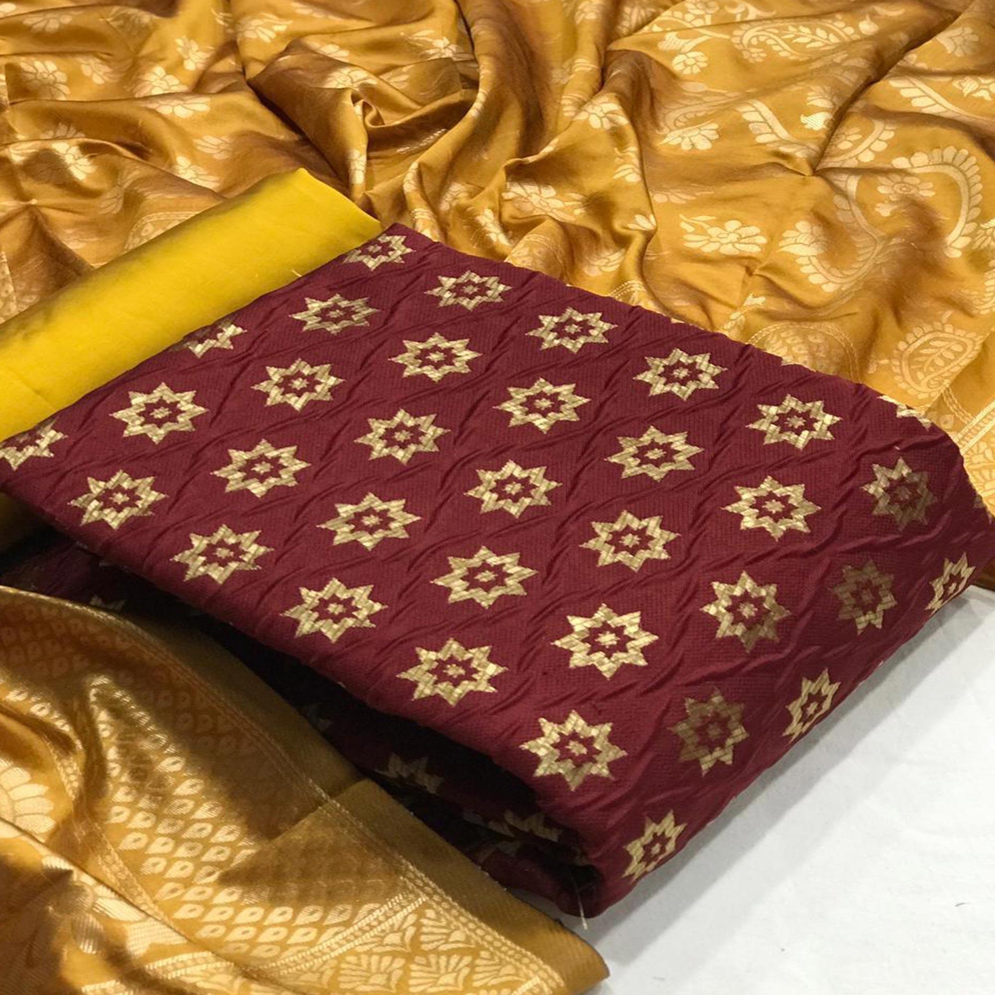 Breathtaking Maroon Colored Casual Wear Woven Banarasi Silk Dress Material - Peachmode