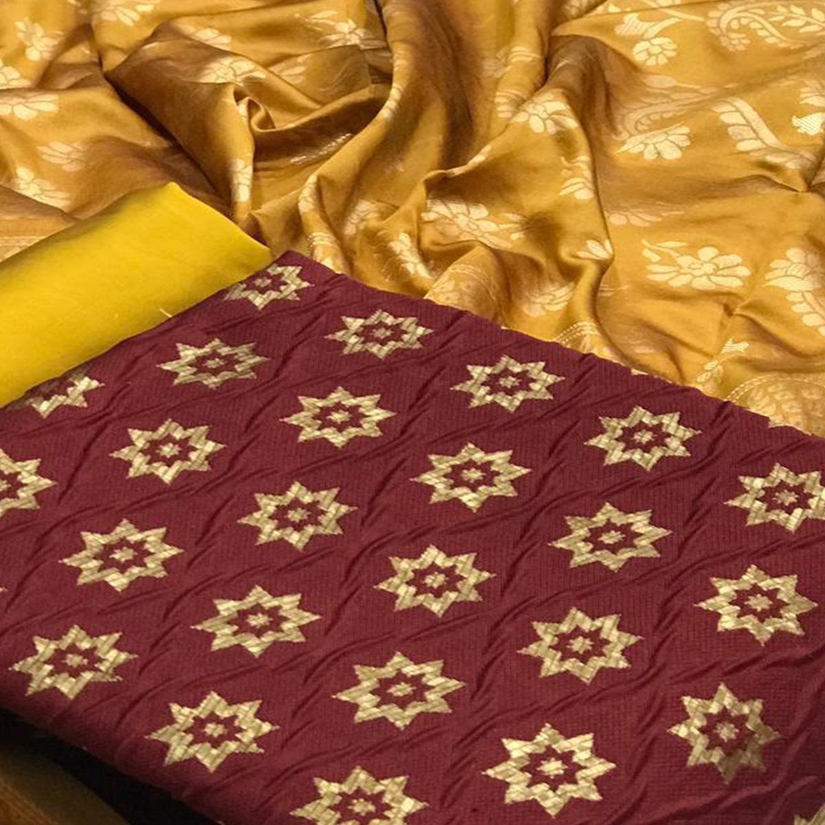 Breathtaking Maroon Colored Casual Wear Woven Banarasi Silk Dress Material - Peachmode