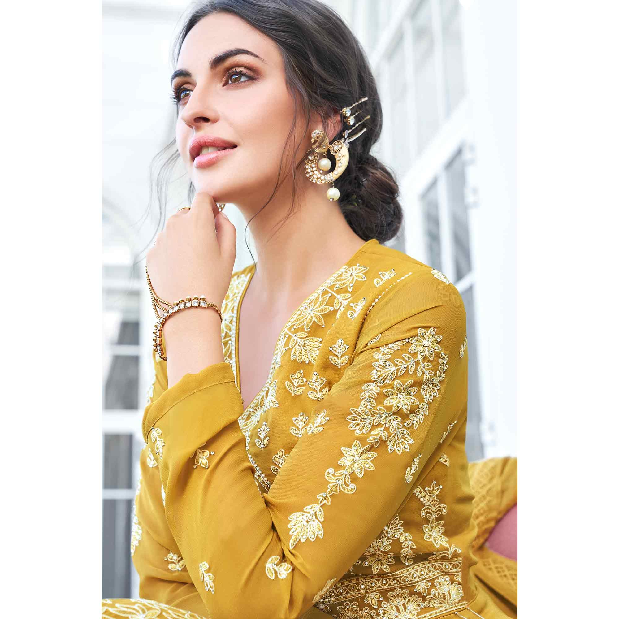 Breathtaking Mustard Yellow Colored Partywear Embroidered Georgette Anarkali Suit - Peachmode