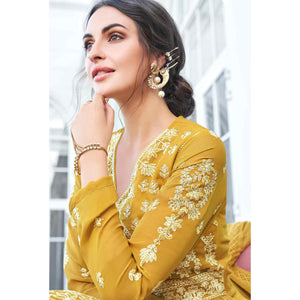 Breathtaking Mustard Yellow Colored Partywear Embroidered Georgette Anarkali Suit - Peachmode