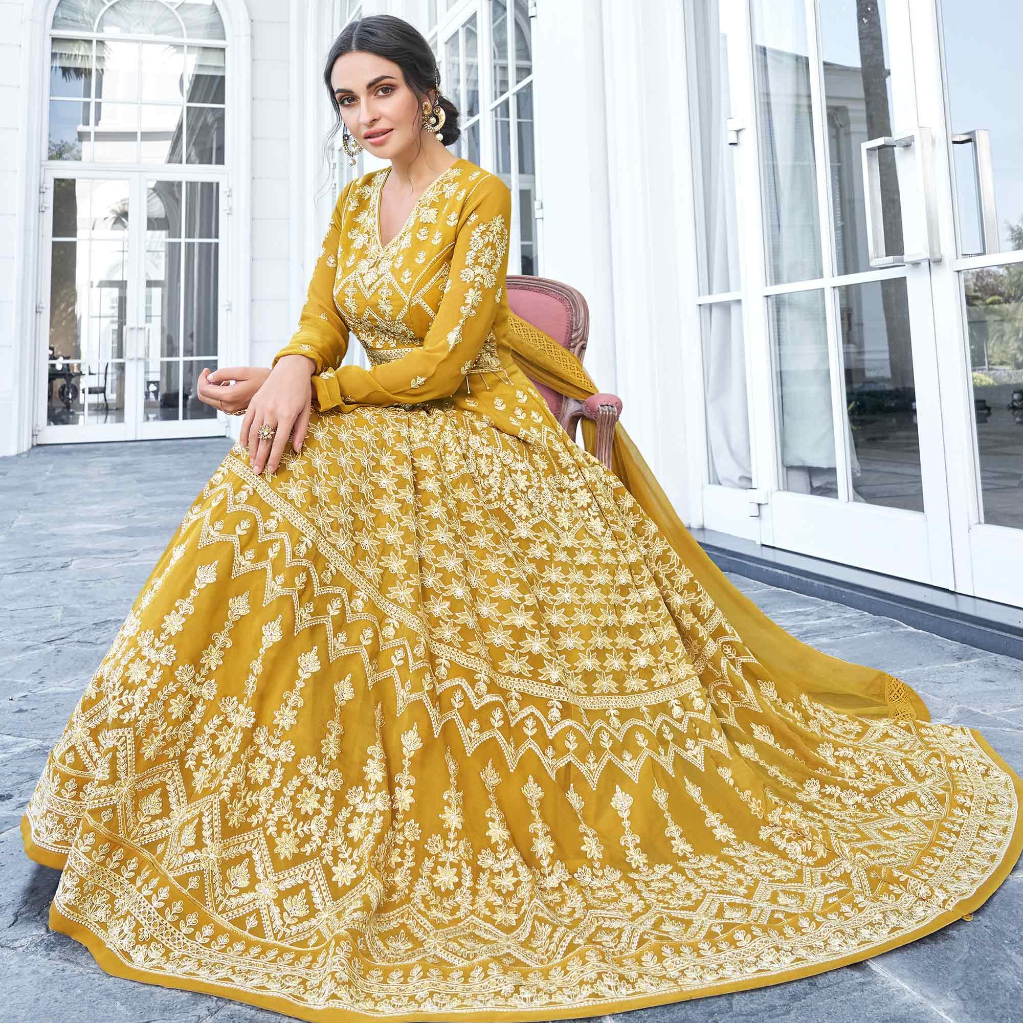 Breathtaking Mustard Yellow Colored Partywear Embroidered Georgette Anarkali Suit - Peachmode