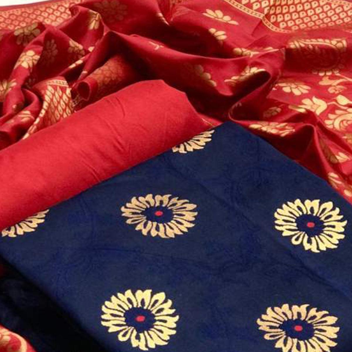Breathtaking Navy Blue Colored Casual Wear Banarasi Silk Dress Material - Peachmode