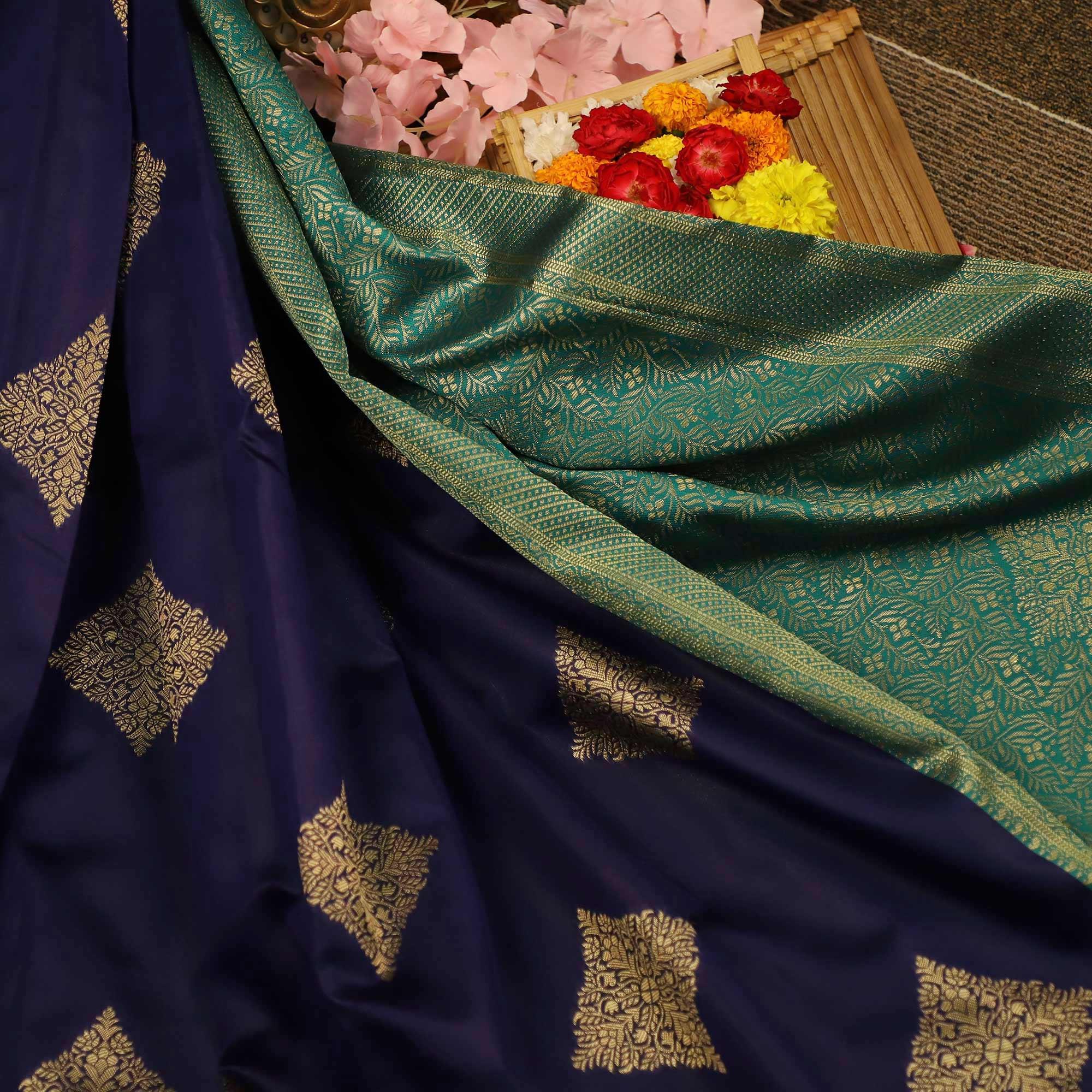 Breathtaking Navy Blue Colored Festive Wear Woven Soft Silk Saree - Peachmode