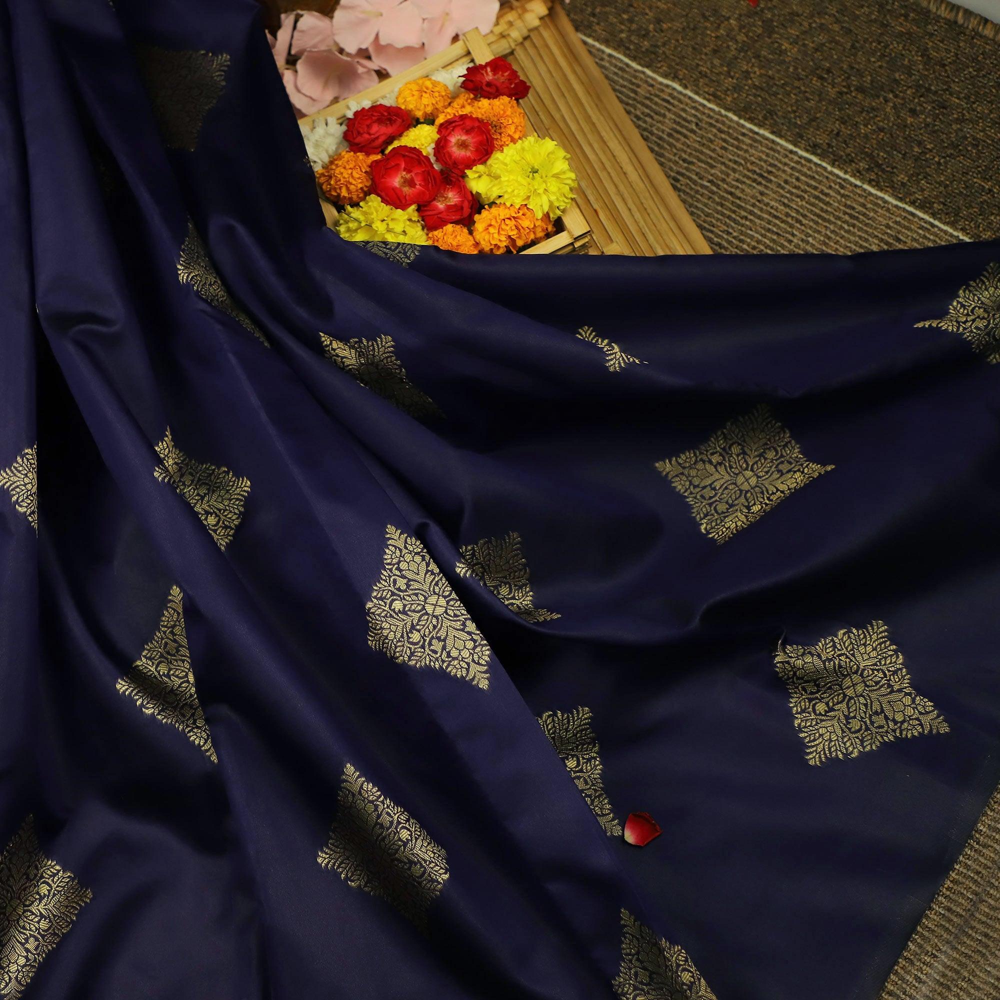 Breathtaking Navy Blue Colored Festive Wear Woven Soft Silk Saree - Peachmode