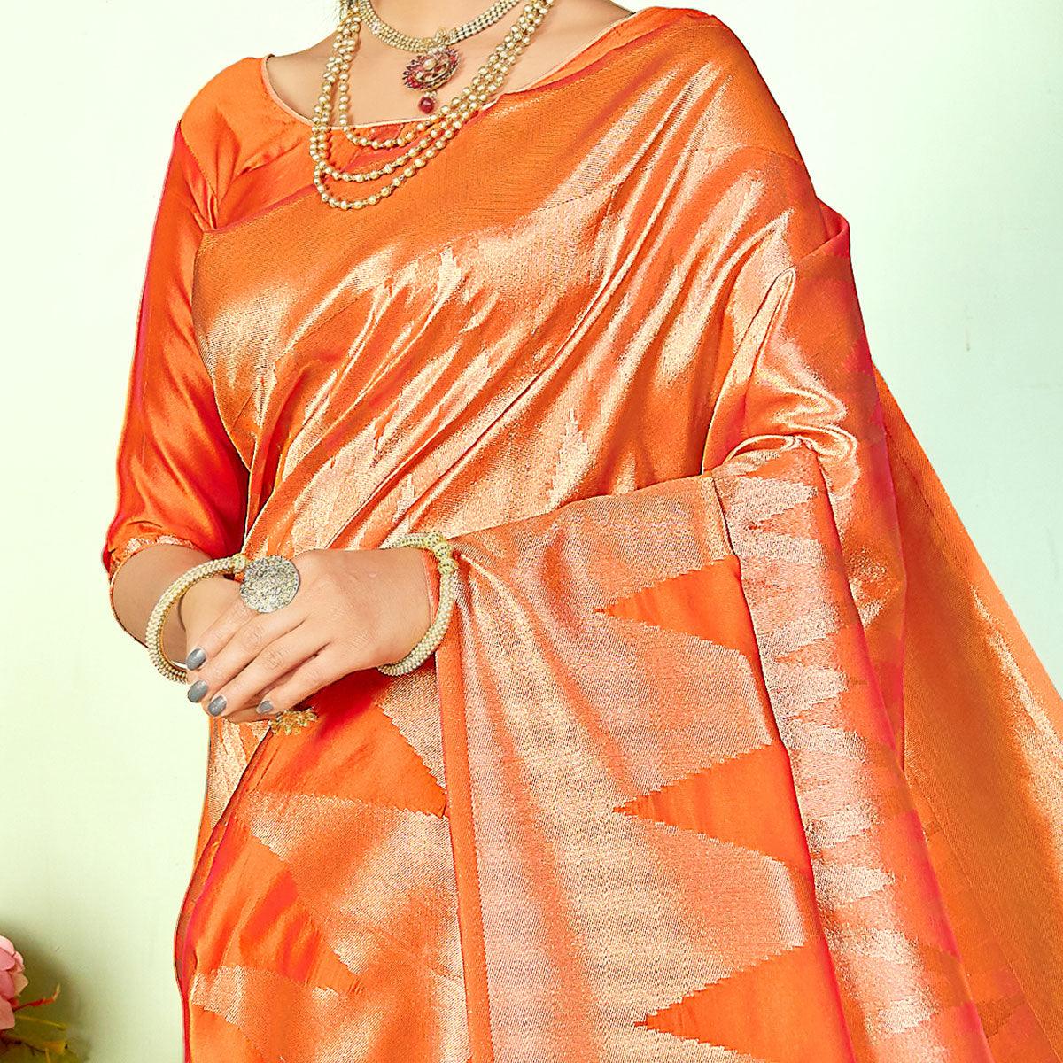 Breathtaking Orange Colored Festive Wear Woven Silk Saree - Peachmode