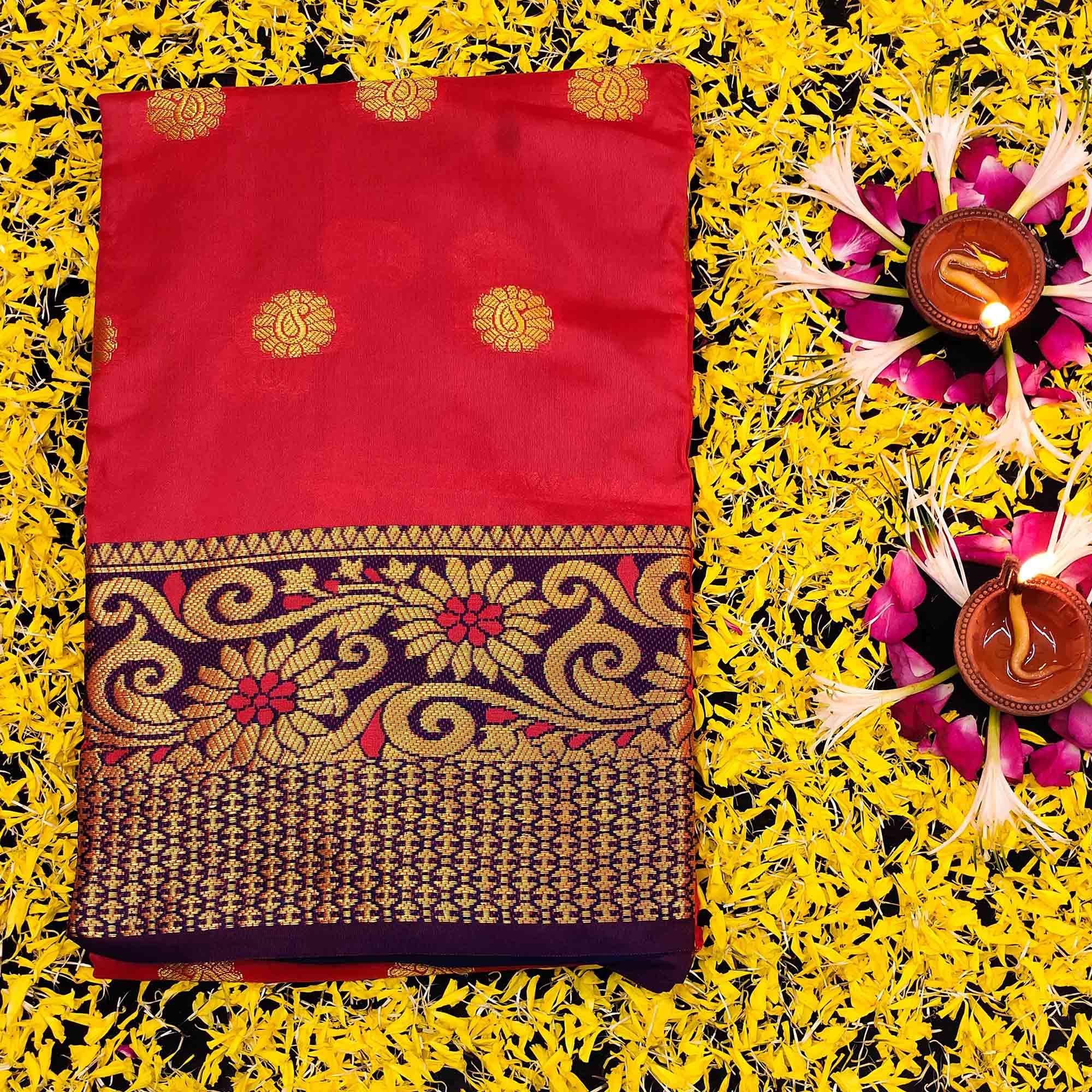 Breathtaking Peach Colored Festive Wear Woven Kanjivaram Silk Saree - Peachmode