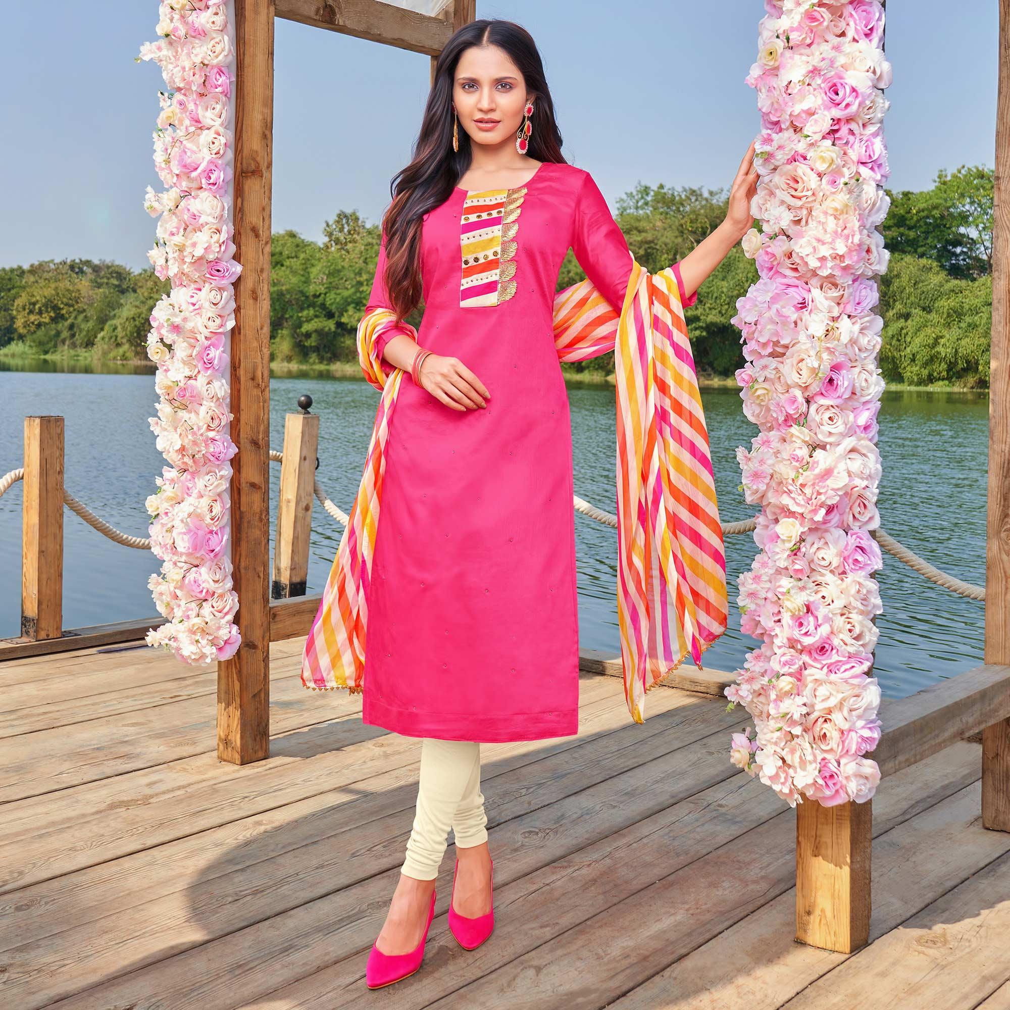 Breathtaking Pink Colored Partywear Embroidered Modal Cotton Dress Material - Peachmode