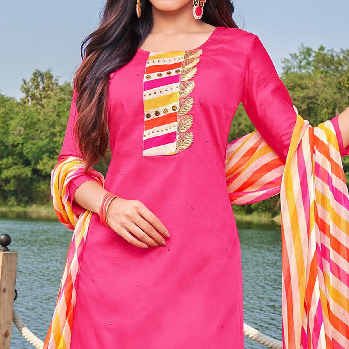 Breathtaking Pink Colored Partywear Embroidered Modal Cotton Dress Material - Peachmode