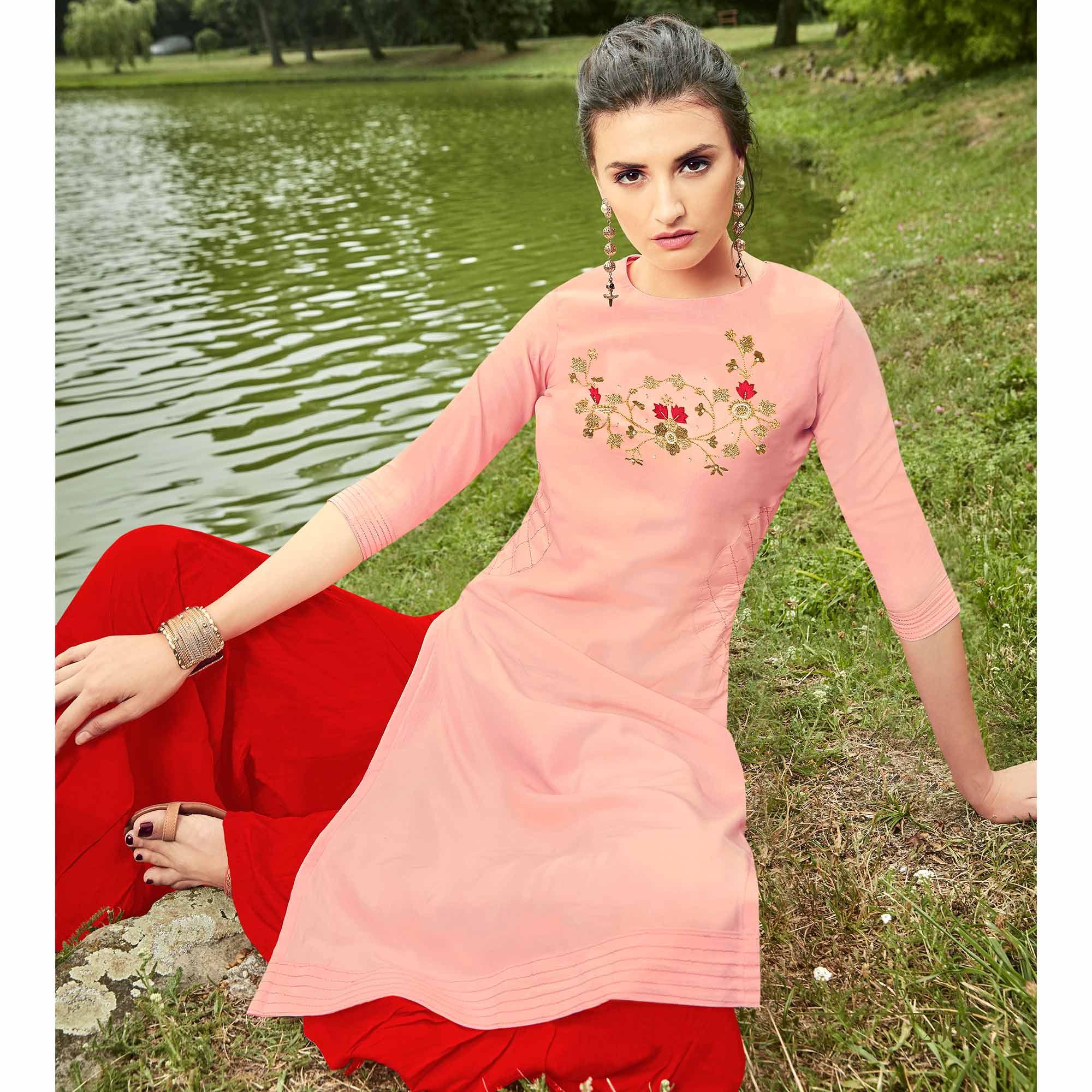 Breathtaking Pink Colored Partywear Hand Embroidered Muslin Silk Kurti-Palazzo Set - Peachmode