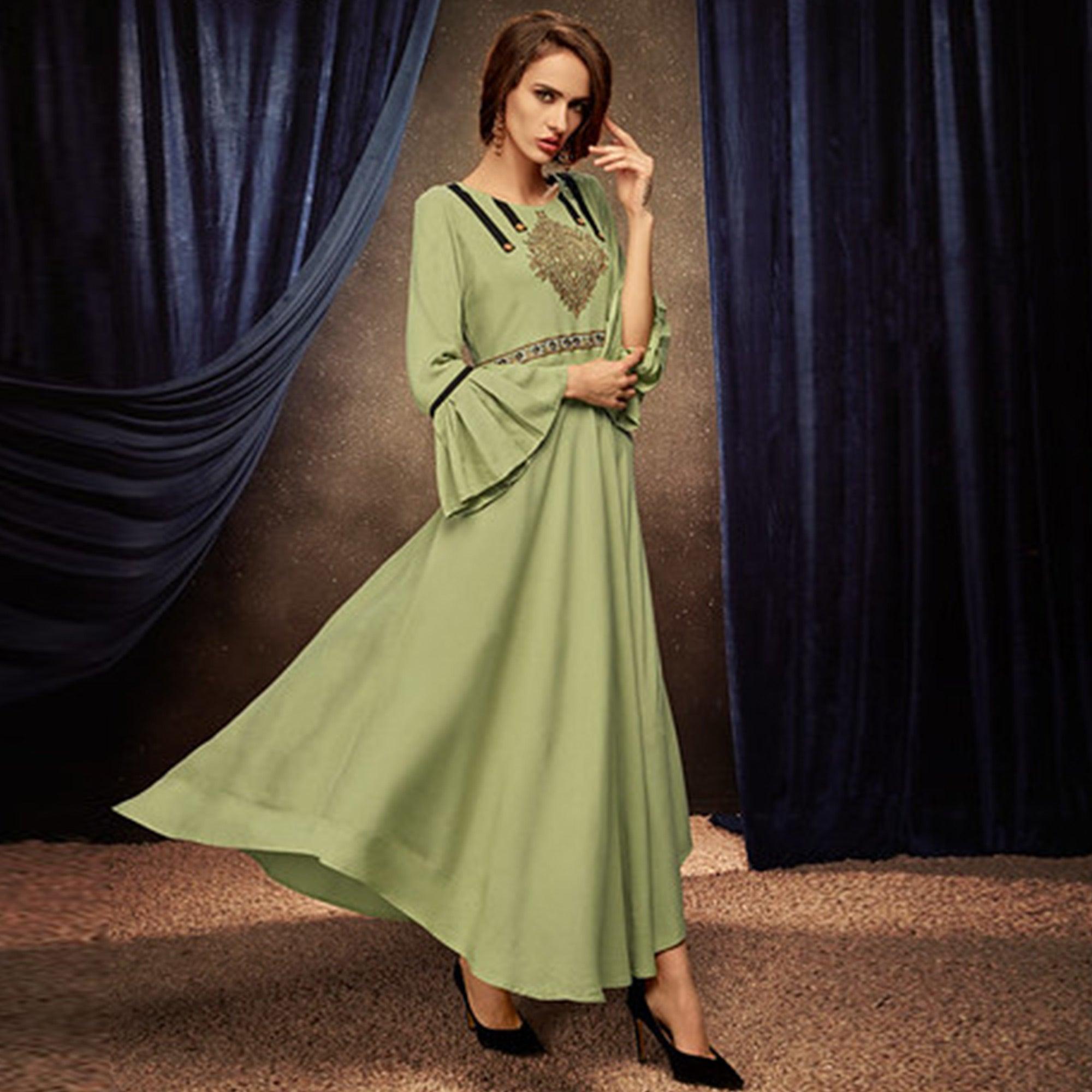 Breathtaking Pista Green Colored Partywear Embroidered Rayon Long Kurti - Peachmode