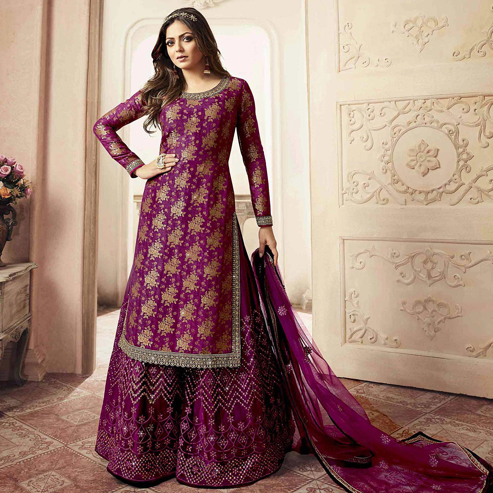 Breathtaking Purple Colored designer Partywear Embroidered Dola Jacquard Palazzo Suit - Peachmode