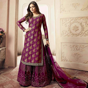 Breathtaking Purple Colored designer Partywear Embroidered Dola Jacquard Palazzo Suit - Peachmode