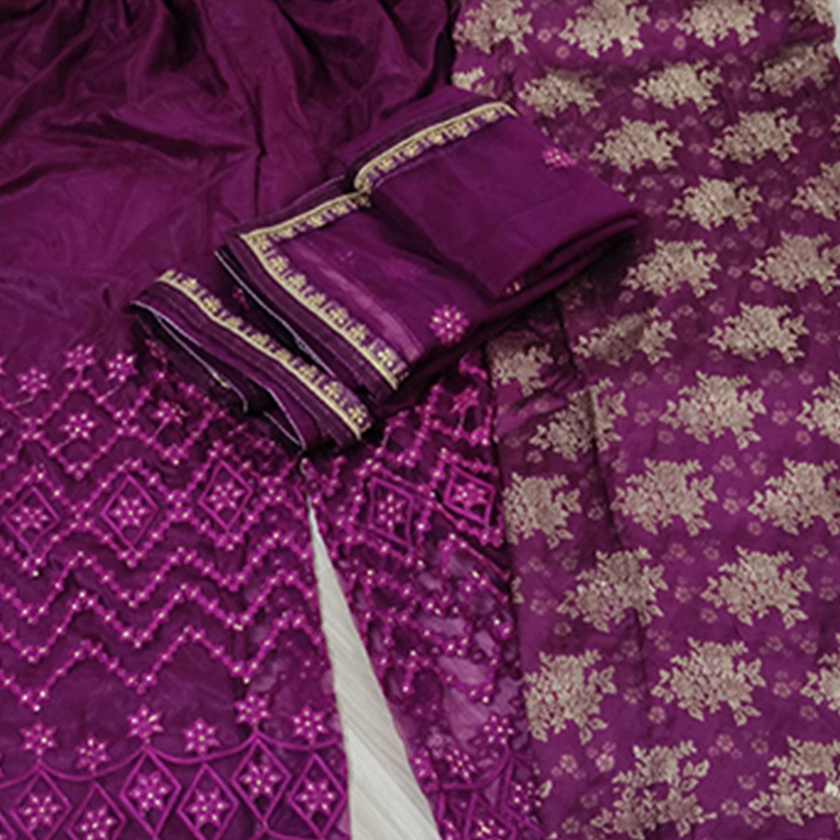 Breathtaking Purple Colored designer Partywear Embroidered Dola Jacquard Palazzo Suit - Peachmode
