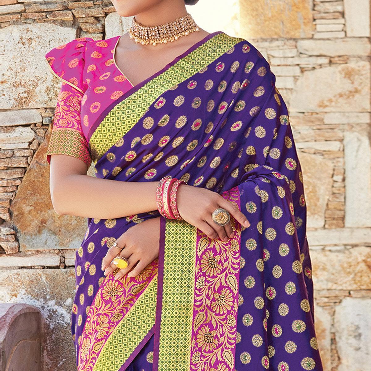 Breathtaking Purple Colored Festive Wear Woven Handloom Silk Sareee - Peachmode