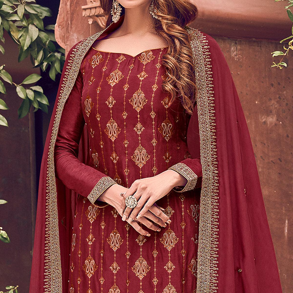 Breathtaking Rani Colored Partywear Embroidered Pure Dola Jacquard Palazzo Suit - Peachmode
