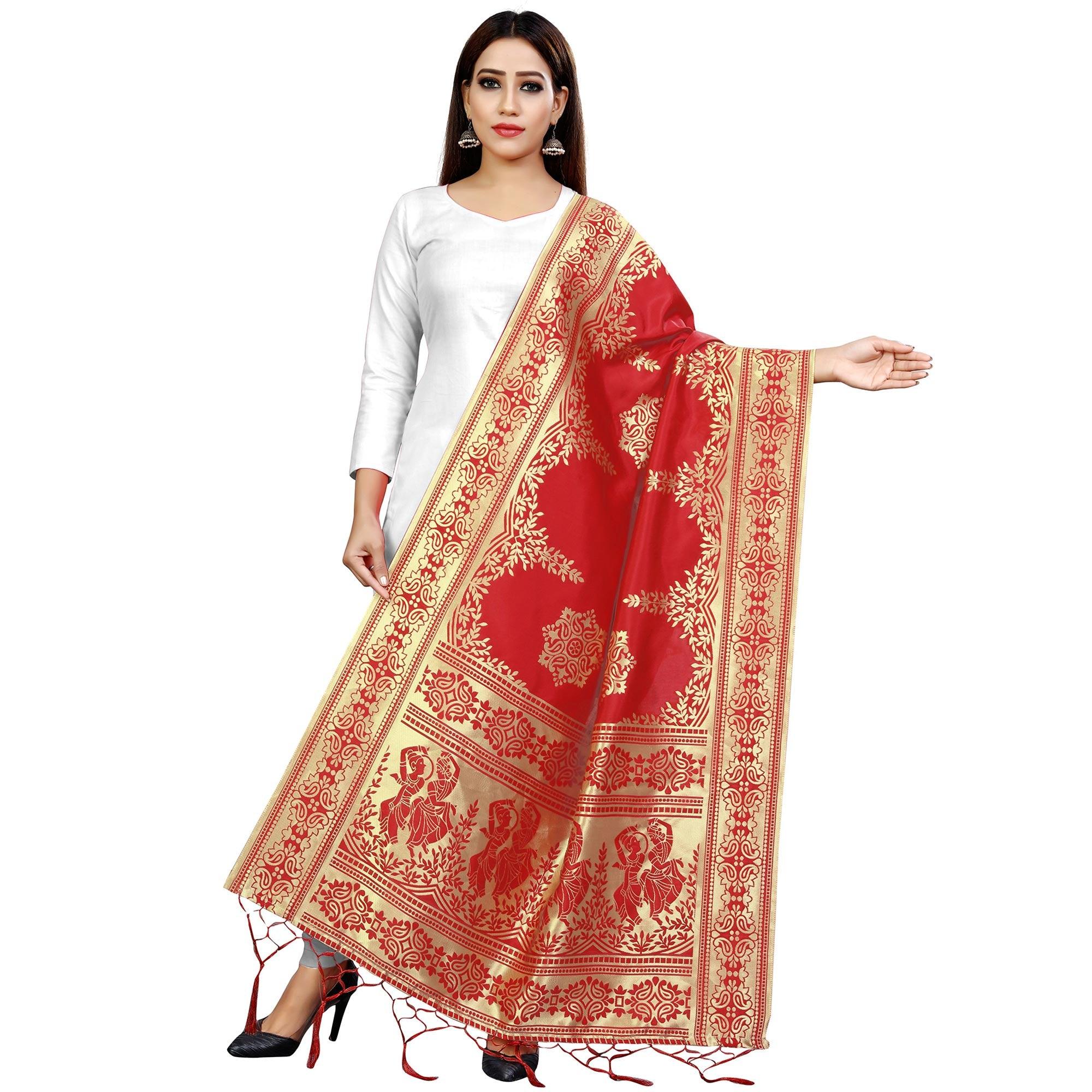 Breathtaking Red Colored Festive Wear Banarasi Silk Dupatta - Peachmode