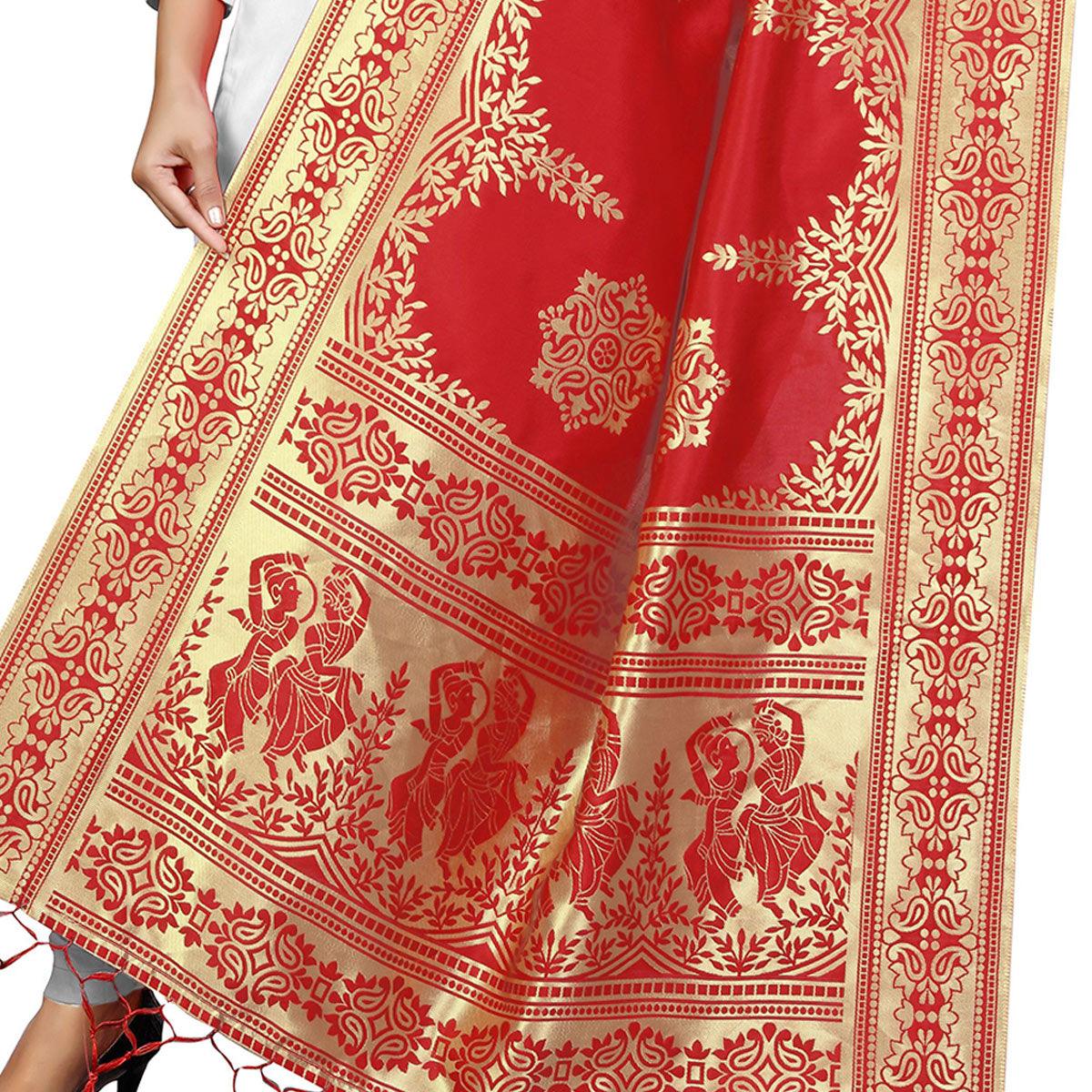 Breathtaking Red Colored Festive Wear Banarasi Silk Dupatta - Peachmode