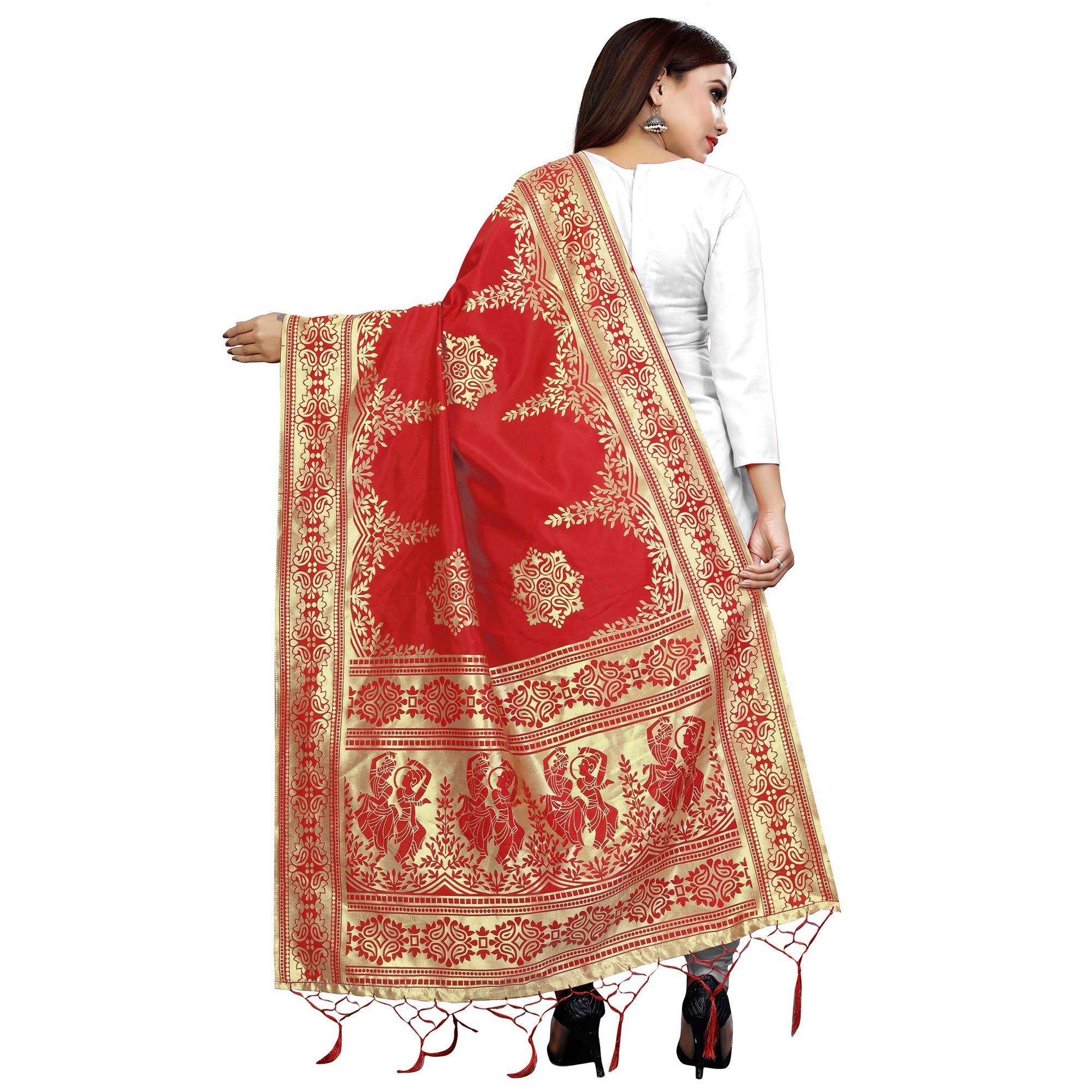 Breathtaking Red Colored Festive Wear Banarasi Silk Dupatta - Peachmode
