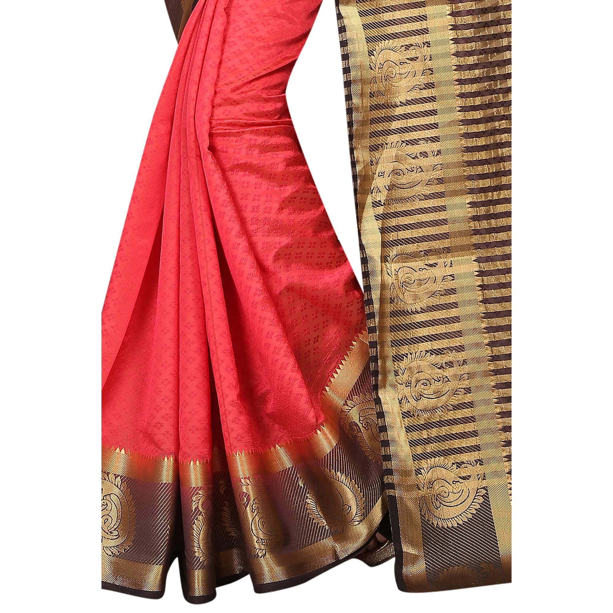 Breathtaking Red Colored Festive Wear Woven Cotton Silk Saree - Peachmode