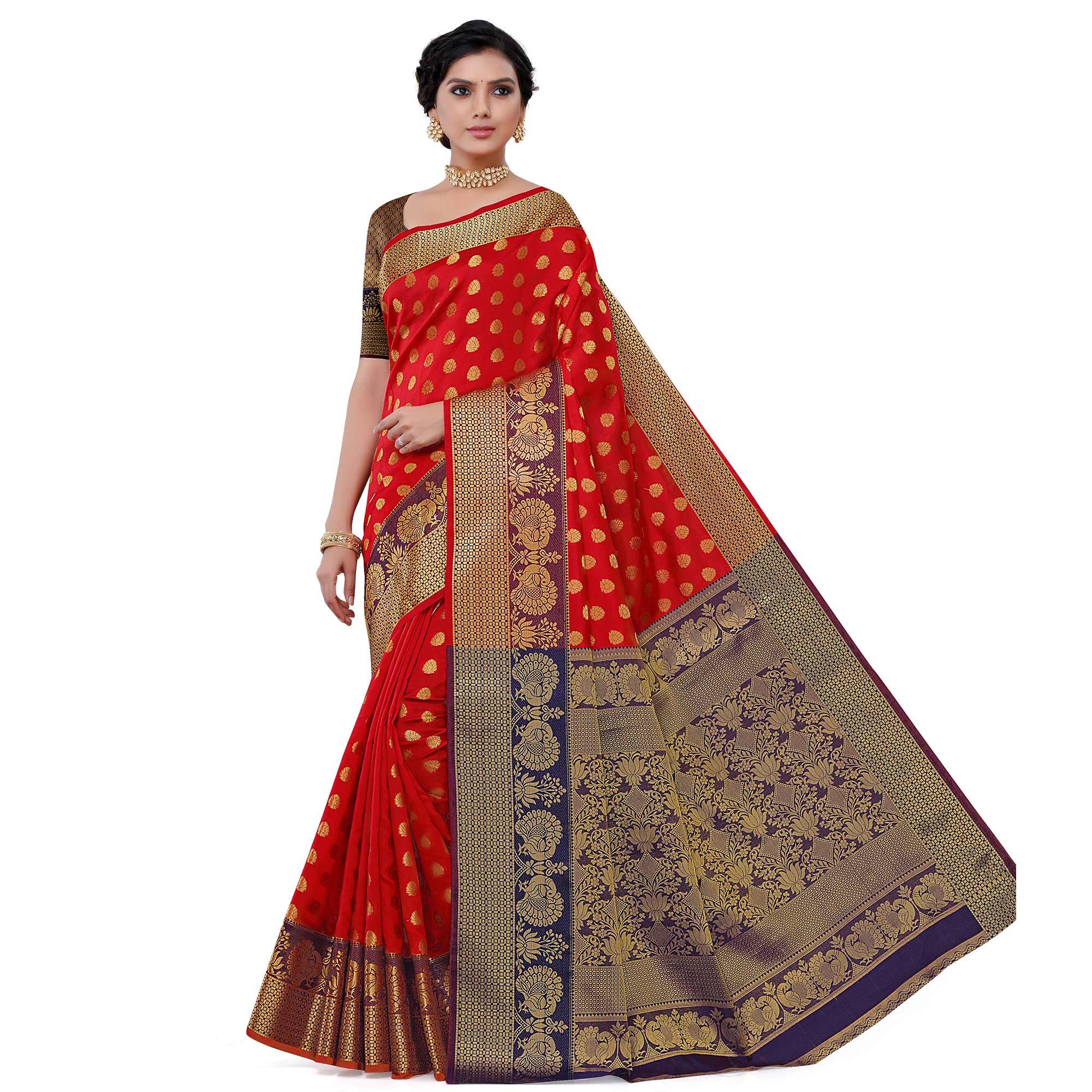 Breathtaking Red Colored Festive Wear Woven Kota Art Silk Banarasi Saree - Peachmode