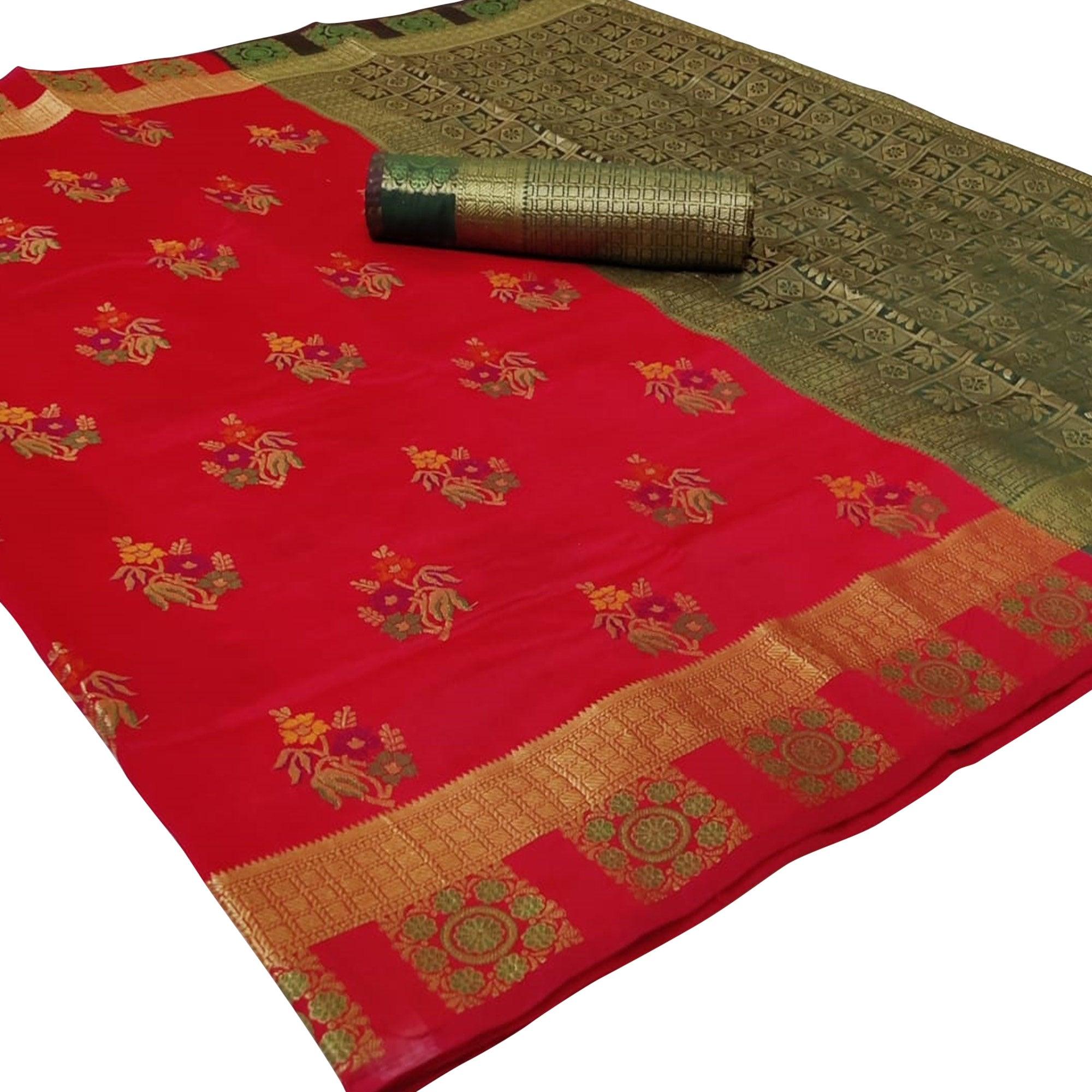 Breathtaking Red Colored Festive Wear Woven Silk Saree - Peachmode