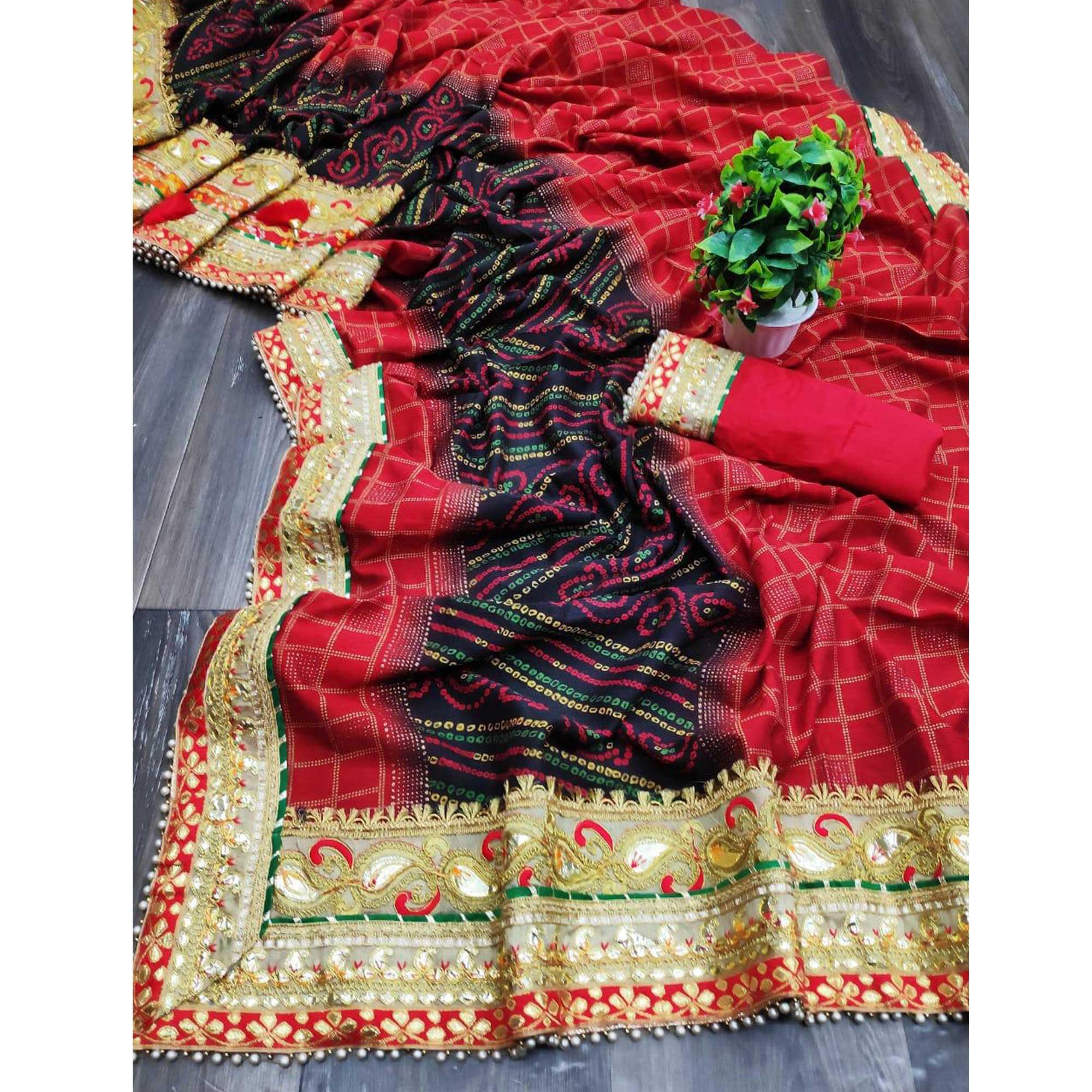 Breathtaking Red Colored Festive Wear Zari Work Vichitra Silk Saree - Peachmode