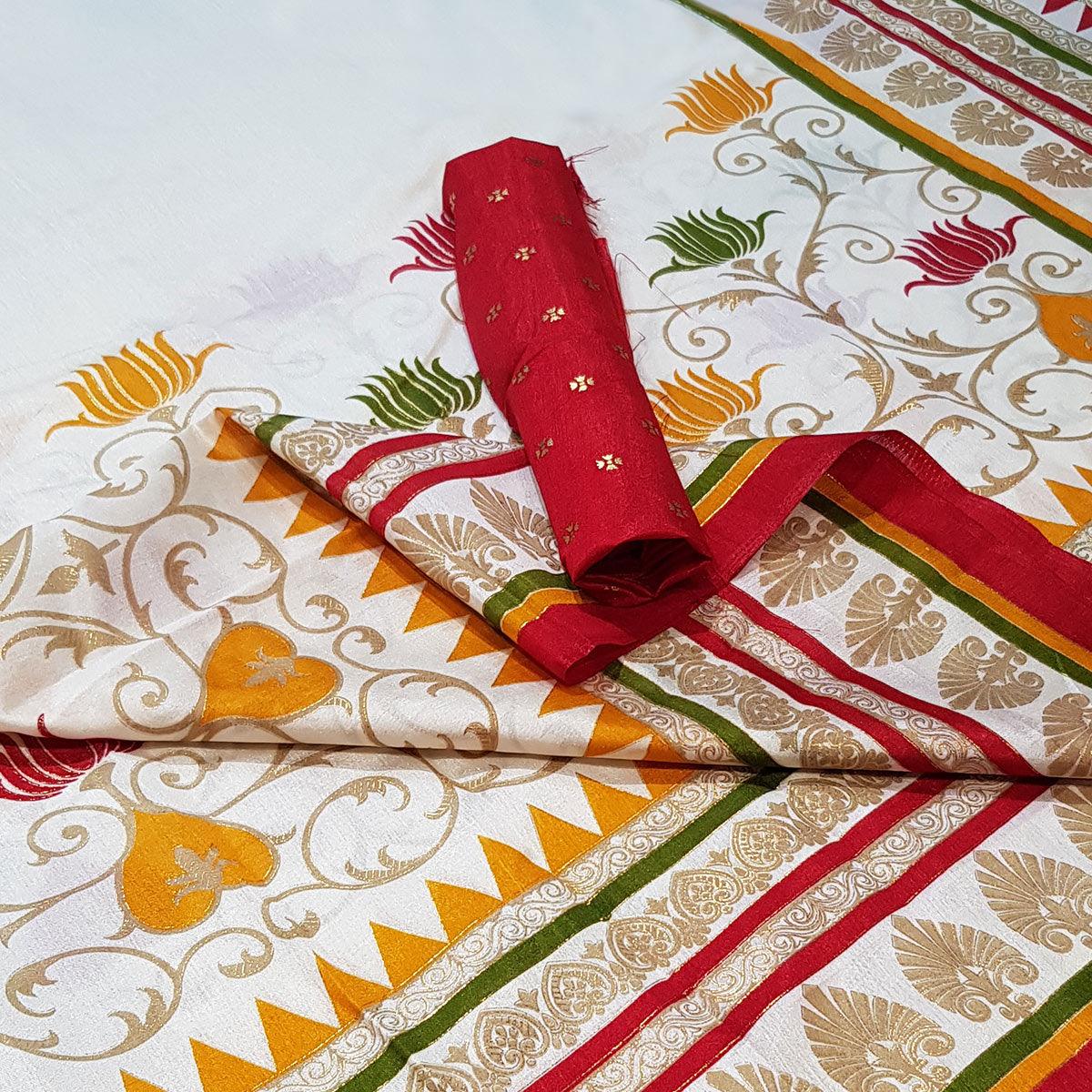 Breathtaking White Colored Festive Wear Foil Printed Silk Saree - Peachmode