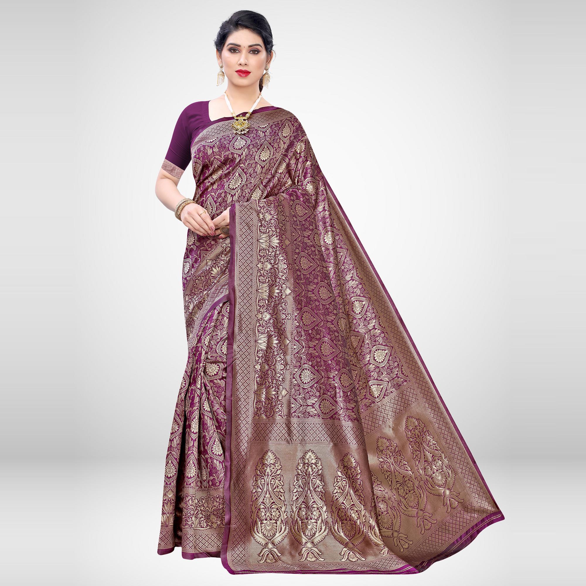 Breathtaking Wine Colored Festive Wear Woven Silk Blend Saree - Peachmode
