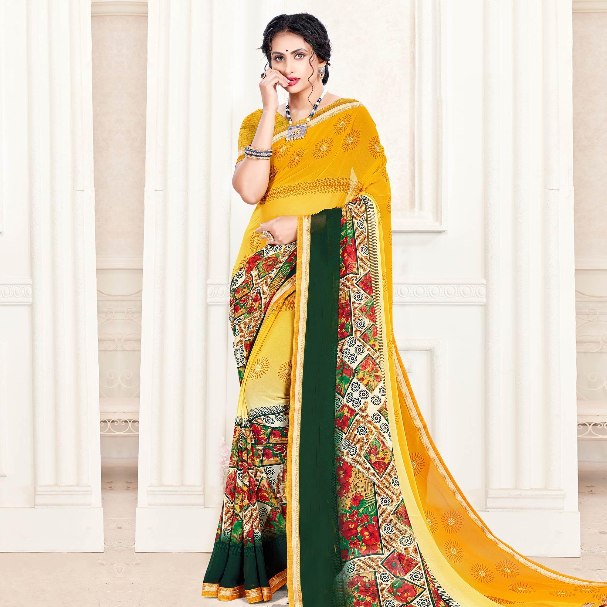 Breathtaking Yellow Colored Casual Wear Printed Georgette Saree - Peachmode