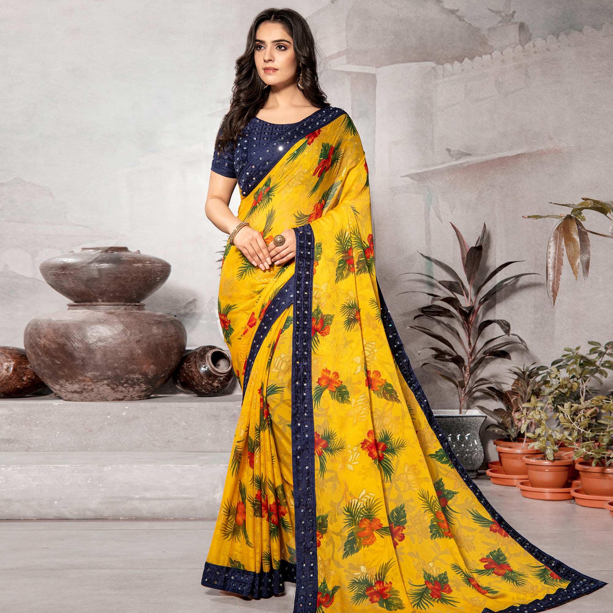 Breathtaking Yellow Colored Partywear Embroidered Chiffon Brasso Saree - Peachmode