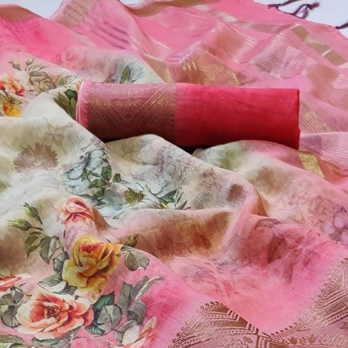 Breathtaking Yellow - Pink Colored Festive Wear Woven Banarasi Silk Saree - Peachmode