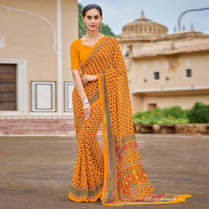 Bright Orange Printed Georgette Saree - Peachmode