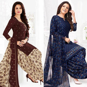 Brown And Blue Patiala Crepe Dress Material Pack Of 2 - Peachmode