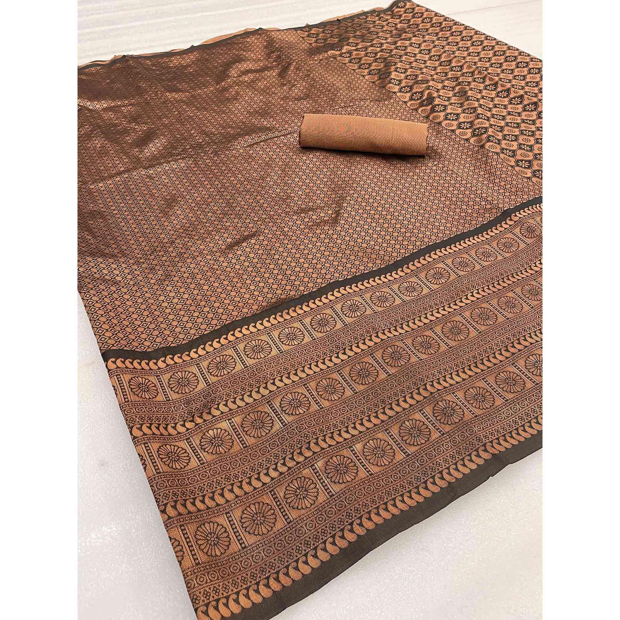 Brown & Coffee Woven Banarasi Silk Saree - Peachmode