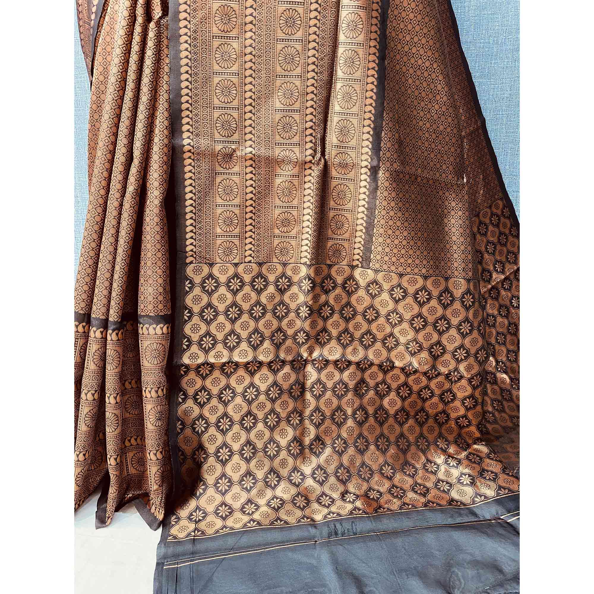 Brown & Coffee Woven Banarasi Silk Saree - Peachmode