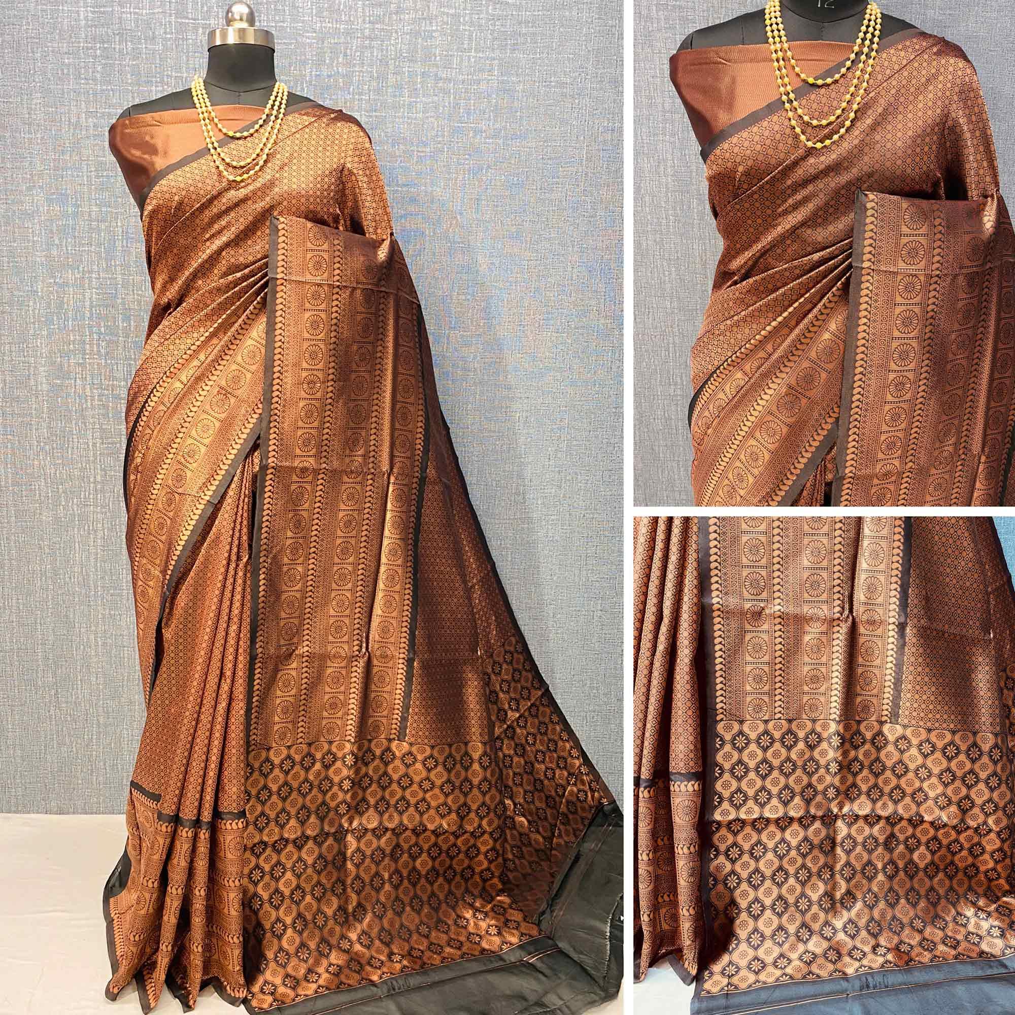 Brown & Coffee Woven Banarasi Silk Saree - Peachmode